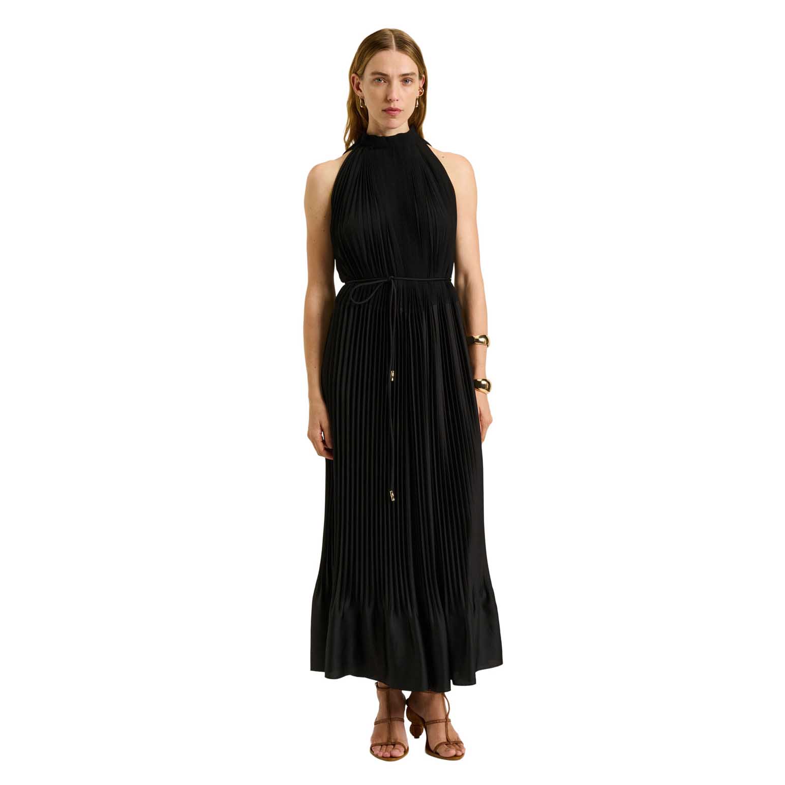 Veronika Maine Pleated Satin Maxi Dress